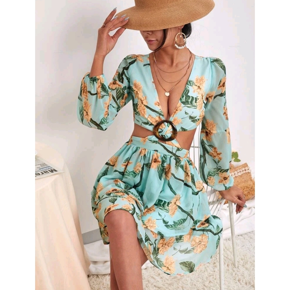 Shein Lace-up Backless Floral Dress